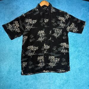 Vintage UTOPIA Men’s Silk Hawaiian Shirt M Black Palm Tree Print 100% Silk